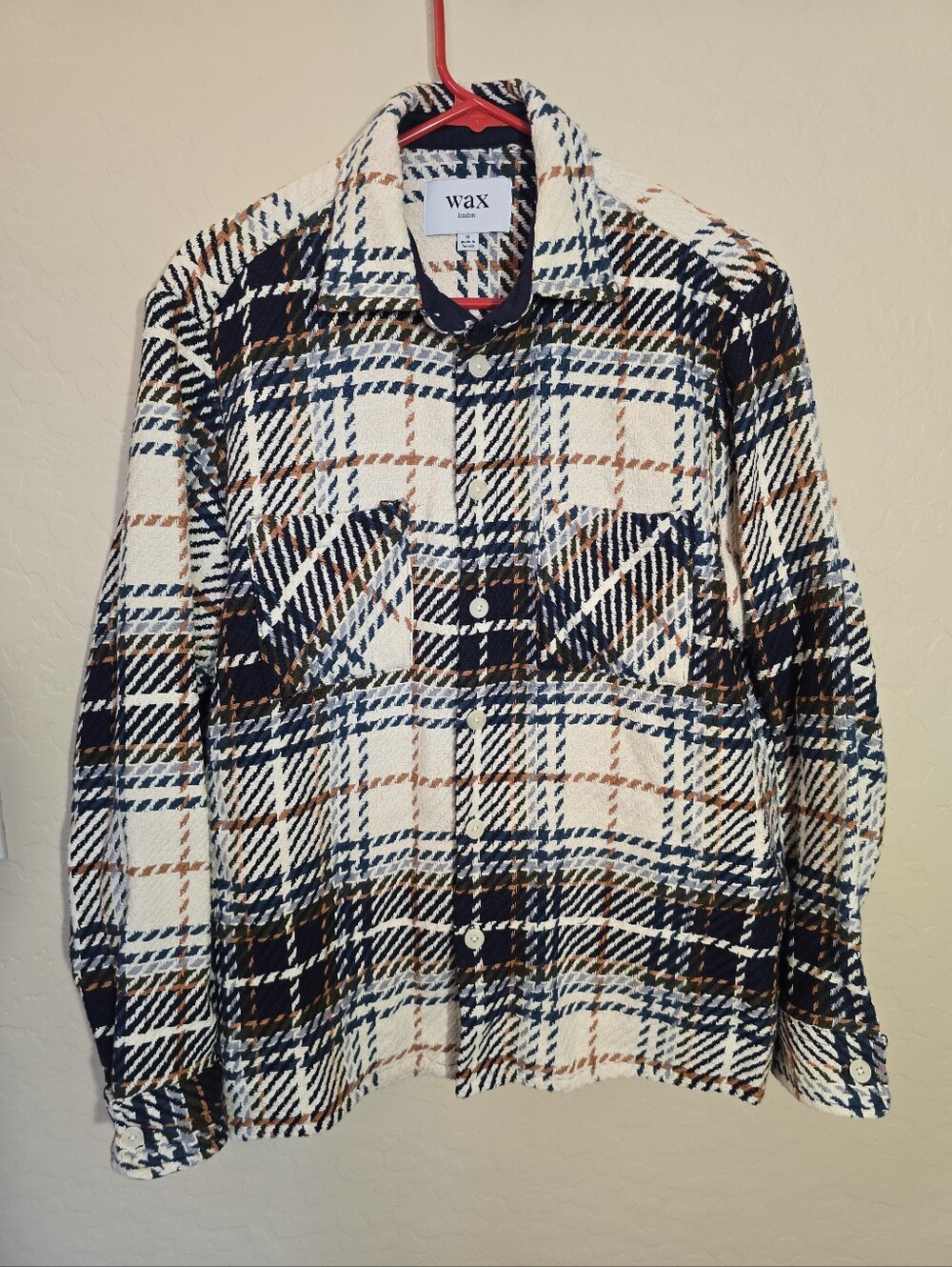 Wax London Whiting Overshirt Mens Plaid Button-Up Jacket Cream & Navy Size M